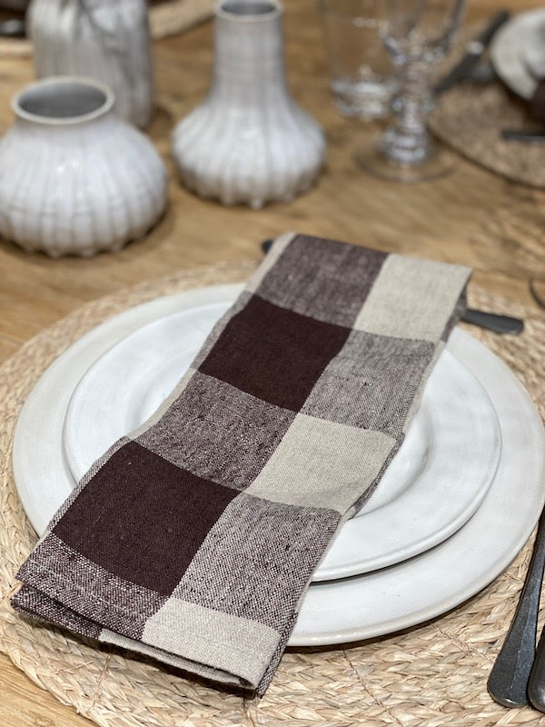 Olsson & Jensen - Johanna ruudullinen keittiöpyyhe pellavaa, brown/nat